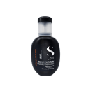 A imagem mostra um frasco de plástico preto em formato ovalado, com 150 ml ou 5,07 fl oz, e uma tampa transparente na parte superior contendo um produto para tratamento capilar chamado "Semi di Lino Restructuring Multiplier" da marca Alfaparf Milano