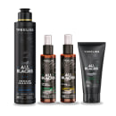 Produtos de cuidado capilar e barbear da linha All Blacks da marca TreeLiss Profissional. Inclui um shampoo anti-caspa de 300ml, um bálsamo Cabelo+Barba de 120ml, um pós barba de 120ml e um gel de barbear de 120g.