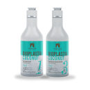 Dois frascos plásticos brancos de 300ml cada, com rótulos turquesa e marrom, um identificado como shampoo reparador e o outro como condicionador reparador.