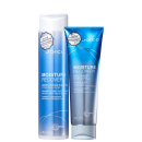 Shampoo e condicionador da linha Moisture Recovery da marca Joico. Ambos os produtos têm embalagem na cor azul com detalhes em branco e prateado.