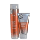 A imagem mostra uma linha de produtos para cabelos da marca Joico chamada "Youth Lock". Inclui um shampoo e uma máscara capilar. As embalagens apresentam tom de laranja com prata.