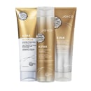 A imagem mostra três produtos de tratamento capilar da marca Joico. Todas as embalagens exibem o logotipo Joico e informações sobre o produto em inglês e francês. As cores predominantes são branco, dourado e prateado.