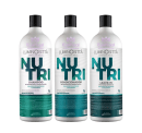 Conjunto de produtos da linha Nutri. São eles: shampoo, condicionador e leave-in. As embalagens são brancas, com detalhes em azul.