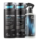 A imagem mostra uma linha de produtos para cabelos volumosos ou frizados da marca Truss, chamada "Infusion". Além disso, o kit acompanha outro produto, "Uso Obrigatório", da mesma marca.
