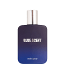 Frasco de perfume Mahogany Blue Scent, com design minimalista em tons de azul e roxo escuro, com rótulo destacando o nome da fragrância em letras brancas.