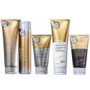 A imagem mostra produtos de tratamento K-PAK da marca Joico. São cinco embalagens diferentes, incluindo shampoo, condicionador e tratamentos intensivos. As cores predominantes são dourado, branco e preto.