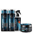 A imagem mostra linha de produtos Uso Obrigatório da marca TRUSS. Há dois frascos grandes de shampoo e condicionador, ambos com 300ml. Ao lado, há um pote de máscara capilar 180g e um tratamento reconstrutor de 260ml. As cores predominantes: preto e azul.