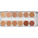Paleta de corretivos Kryolan com 12 tons de cores variadas, em embalagem prateada com divisões circulares para cada tom.