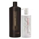 A imagem mostra dois produtos de cuidados capilares da marca Sebastian Professional. Um é um shampoo leve com capacidade de 1 litro O outro produto é uma máscara capilar, embalada em um frasco branco opaco com bomba dosadora de 500ml.