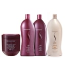 A imagem mostra uma linha de produtos de cuidados capilares. Há dois frascos grandes de plástico vinho com o logotipo da marca. Há um outro frasco na cor bege claro com um shampoo antirresíduos. Por fim, há um pote redondo vinho com a máscara capilar.