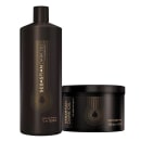 ebastian Dark Oil é uma linha de produtos para cabelos. O conjunto inclui um shampoo leve de 1 litro em um frasco cilíndrico marrom escuro com detalhes dourados impressos. Há também uma máscara leve de 500ml em um pote redondo marrom escuro.