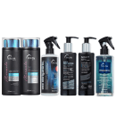 Conjunto de produtos de cuidados capilares da marca Truss, incluindo shampoos, condicionadores, protetores térmicos, soro para cabelos e máscara líquida, em embalagens pretas e azuis com rótulos e informações sobre os produtos.