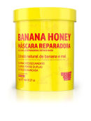 Pote amarelo contendo máscara reparadora de banana e mel. Rótulo em vermelho e amarelo destaca os ingredientes naturais e benefícios do produto, como nutrição avançada e eliminação de ressecamento e pontas duplas.