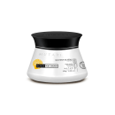 Embalagem plástica prateada em formato de pote com tampa preta.