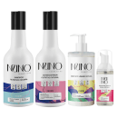 Quatro produtos Nuno Cosméticos Naturais em embalagens brancas com detalhes coloridos: shampoo 300ml, condicionador 300ml, sabonete líquido 300ml e espuma facial 50ml.