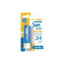 Protetor solar labial Dermachem Sun Fruits FPS 24, em embalagem azul e amarela com estampa de bolinhas, contendo 3,5g do produto. O rótulo destaca a nova fórmula e a proteção UVA/UVB.
