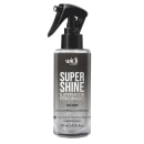 Frasco preto com gatilho de spray contendo iluminador perfumado Super Shine da marca Widi Care na cor prata, com efeito luminoso e sofisticado, protegido contra raios UV e 100% vegano.
