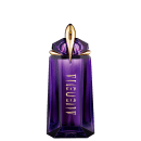 Frasco de perfume de vidro de cor violeta com detalhes dourados, em formato geométrico com tampa pontuda. Rótulo com o nome "Alien" em letras douradas.