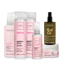 Produtos da linha Cadiveu Professional, incluindo creme de proteína de quartzo, shampoo e condicionador Quartz Shine, óleo de tratamento Acai Oil e máscara Quartz Shine, em embalagens plásticas e de vidro com rótulos rosa e preto.