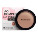 Pó compacto da marca Hidrabene com FPS 50, embalado em uma caixa rosa e preta. O produto é apresentado em um recipiente redondo preto com o nome da marca visível.