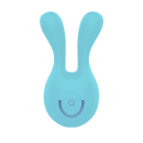 Vibrador de silicone em formato de coelho, com corpo azul-turquesa e botão de acionamento na parte central. Produto de beleza da marca Sexy Import.