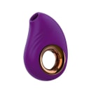 Vibrador de silicone de cor roxa com detalhes em cobre, com formato ovalado e curvo, projetado para estimulação íntima.