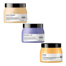 A imagem mostra três produtos de tratamento capilar profissional da marca L'Oréal Professionnel. O primeiro é rotulado como "Absolut Repair". O segundo é identificado como "Blondifier Cool". O terceiro é chamado "NutriOil".