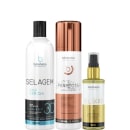Kit com progressiva Selagem 3D, redutor de volume Perfecta e óleo capilar Elixir, da marca Borabella.