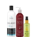 Kit com progressiva Selagem 3D, máscara capilar SOS Extreme e reparador de pontas Argan, da marca Borabella.