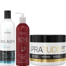 Kit com escova progressiva Selagem 3D, máscara Pra Tudo e máscara de reconstrução SOS Extreme, da marca Borabella.