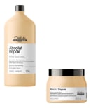 O produto apresentado é um conjunto de tratamento capilar da linha Absolut Repair da L'Oréal Professionnel. Consiste em um shampoo em uma embalagem plástica bege de 1,5 litros e uma máscara de tratamento em um pote plástico bege de 500 gramas.