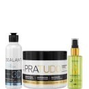 Kit com escova progressiva Selagem 3D, máscara Pra Tudo e reparador de pontas, da marca Borabella.