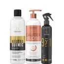 Kit com neutralizante capilar NeutraQuimic, reconstrutor capilar Cauter Gloss e leave-in 9x1 Brush, da marca Borabella.