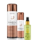Kit com escova progressiva Perfecta de tamanhos diferentes, além de reparador de pontas, da marca Borabella.