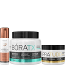 Kit com escova progressiva Perfecta, máscara de realinhamento BoraTX, além de máscara Pra Tudo, da marca Borabella.