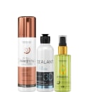 Kit com escova progressiva Perfecta, escova semidefinitiva Selagem 3D, além de reparador de pontas, da marca Borabella.