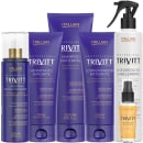 Produtos de cuidados capilares da marca Itallian Hairtech da linha Trivitt. Shampoo matizante, condicionador matizante, creme hidratante matizante, fluido para escova matizante, tratamento capilar "O Segredo do Cabeleireiro" e reparador de pontas.