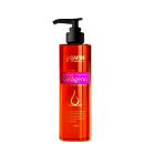 A imagem mostra um frasco de plástico alaranjado e transparente, com um dosador de bomba preta. É um óleo corporal enriquecido com rosas mosquetas. O frasco tem 150ml de capacidade.