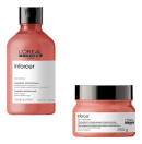 Imagem mostra dois produtos linha Inforcer de L'Oréal Professionnel.  Consiste em um shampoo fortificante em um frasco plástico vermelho e um condicionador fortificante em um pote plástico vermelho translúcido de 250g. Ambos possuem tampa preta.