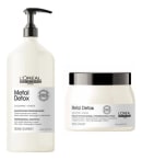 A imagem mostra dois produtos da linha Metal Detox da L'Oréal Professionnel. Um é um shampoo profissional em um frasco plástico branco opaco com bomba dosadora preta. O outro é uma máscara profissional em um pote plástico branco opaco com tampa preta.