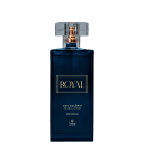 Perfume masculino Royal da marca Thera Cosméticos. Frasco retangular de vidro azul escuro com detalhes dourados. Rótulo com o nome "Royal" em letras grandes e douradas, e informações "Deo Colônia Masculino" e "100ml 3.3 fl.oz." em letras menores. T
