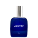 Perfume em frasco retangular de vidro azul escuro com tampa transparente. O nome "VOLCANO" está impresso em letras maiúsculas brancas na parte frontal do frasco. Na parte inferior, está o logotipo da marca Thera Cosméticos.