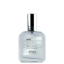 Perfume em frasco de vidro transparente com tampa cromada. Embalagem retangular contendo o texto "BOSE Eau de parfum 50ML 1,7FL.OZ. Feito no Brasil Thera Cosméticos" em letras pretas. As cores predominantes são transparente, branco e cromado.