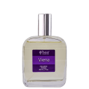 Perfume feminino Viena da marca Thera Cosméticos. Frasco retangular transparente contendo líquido amarelo claro. Rótulo roxo na parte frontal com o nome do produto "Viena".Tampa cilíndrica prateada.