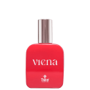 Perfume em frasco vermelho com tampa prateada. O frasco tem formato quadrado. Na parte frontal do frasco está impresso em letras brancas a palavra "Viena" e o logotipo "Thera Cosméticos" abaixo.