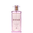 Perfume feminino em frasco retangular de vidro transparente com líquido na cor rosa claro. Na parte frontal, está impresso o nome "FATALE" em letras marrons. Abaixo, lê-se DEO COLÔNIA FEMININO e 100ml . No fundo do frasco, está o logotipo da marca Thera.