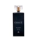 Perfume feminino em frasco retangular de vidro escuro com tampa transparente. O frasco tem formato reto e apresenta o nome "Grace" em letras brancas na parte frontal. Abaixo está a descrição "Deo Colonia Feminino" e o volume de 100ml.