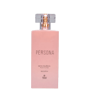 Perfume feminino Persona da marca Thera Cosméticos. Frasco retangular de vidro rosa claro com tampa transparente e detalhes dourados. Rótulo frontal com o nome "Persona" em letras maiúsculas pretas e Deo Colônia Feminino abaixo. Informação de volume 100ml