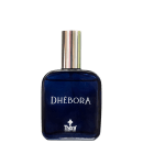 Perfume em frasco de vidro azul escuro com tampa metálica prateada. O frasco apresenta o nome "Dhébora" em letras brancas na parte frontal, abaixo o logotipo da marca Thera Cosméticos.