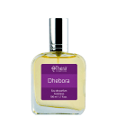 Perfume feminino Dhebora da marca Thera Cosméticos. Frasco de vidro transparente contendo líquido amarelo claro. Embalagem retangular com tampa prateada brilhante. Rótulo roxo com o nome do produto "Dhebora" e informações como "Eau de parfum Feminino"